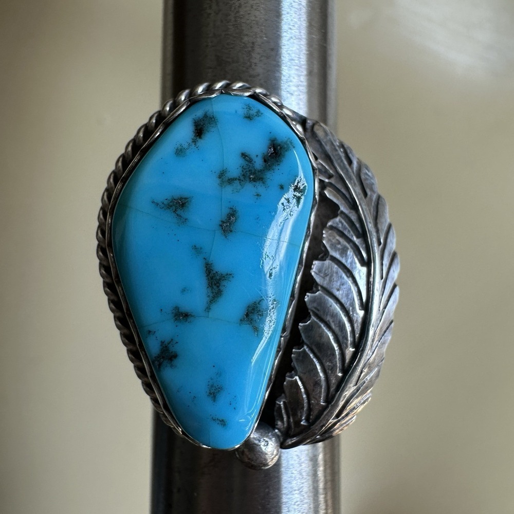 VTG Navajo Tom Taylor TT Ring Size 6 Blue‎ Morenci Turquoise 925 Sterling 7.5g